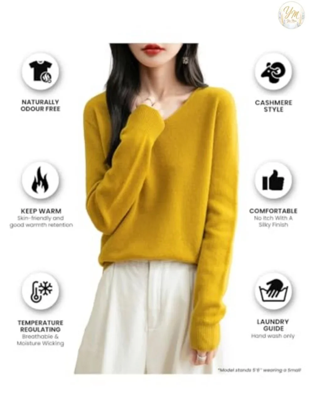 100% Merino Wool V-Neck Seamless Knit Sweater Long Sleeve Pullover